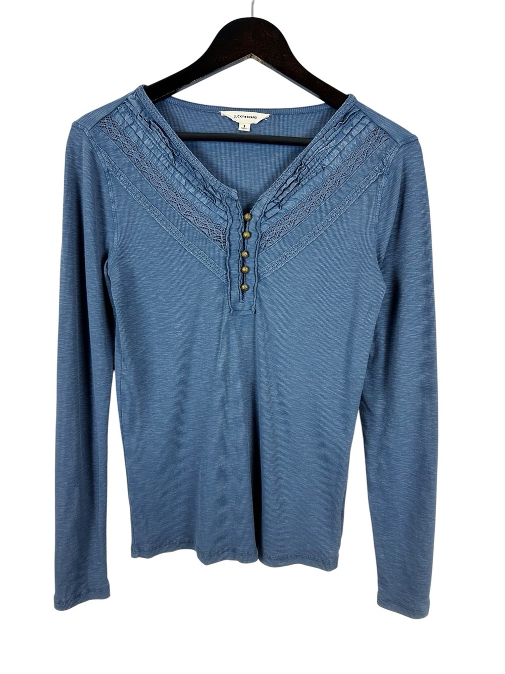Lucky Brand Blue Lace-Trim Henley Long Sleeve Top Size Small